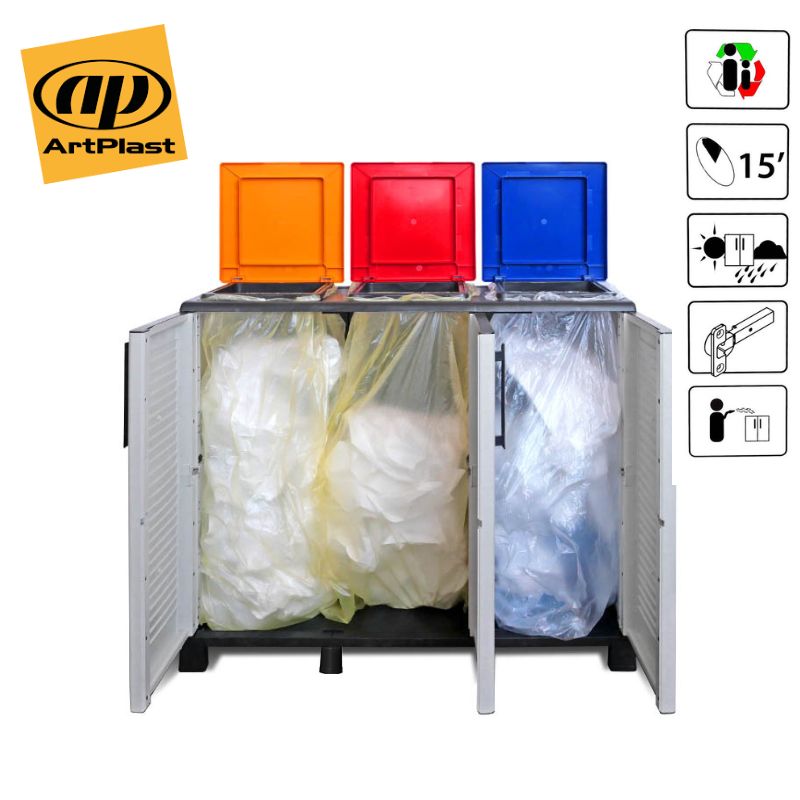 Πλαστική Ντουλάπα για Σακούλες Ανακύκλωσης 3 Χρωματιστά Καπάκια 102x37x90cm 9kg Μεταλλικοί STRONG Μεντεσέδες 6 Πόδια Γκρι ARTPLAST ITALY FAMILY 2